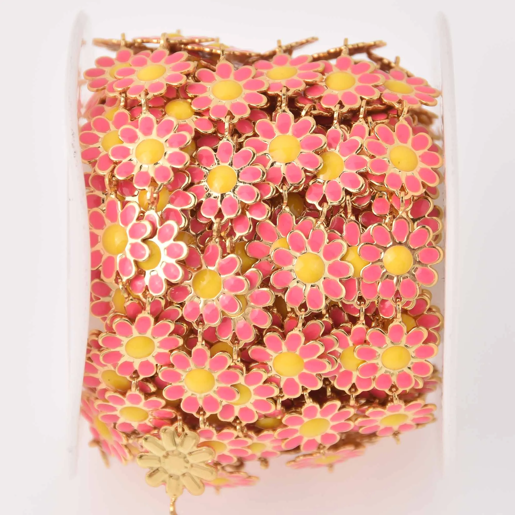 1 yard Gold Daisy Chain, Pink Enamel Flowers, Anklet Chain, Bracelet Chain, fch1302a