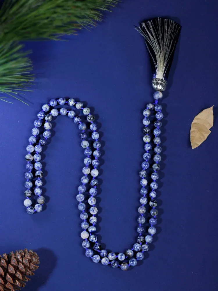 108 Mala Beaded Tassel Necklace,8mm beads White Dot Blue Beads Japamala Meditation