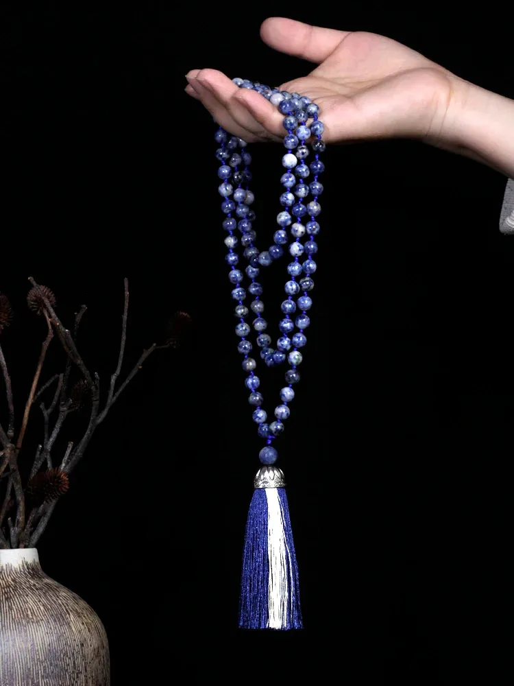 108 Mala Beaded Tassel Necklace,8mm beads White Dot Blue Beads Japamala Meditation
