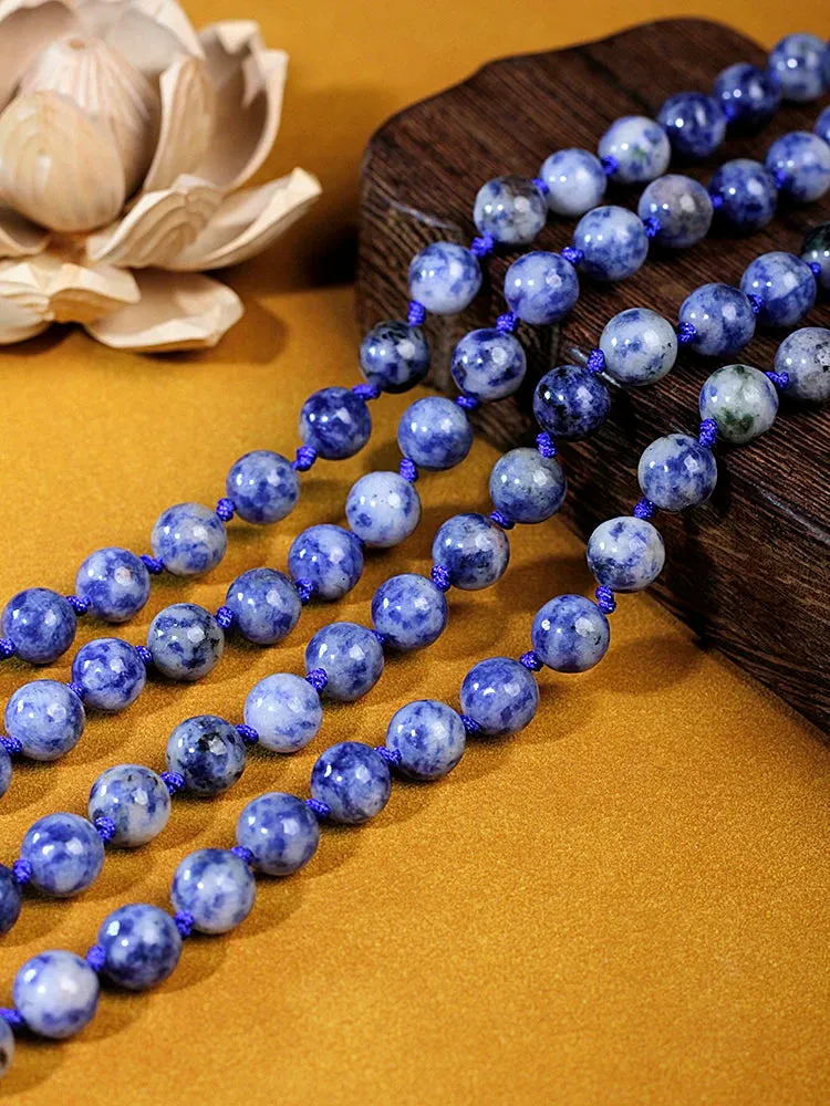 108 Mala Beaded Tassel Necklace,8mm beads White Dot Blue Beads Japamala Meditation