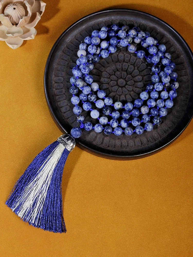 108 Mala Beaded Tassel Necklace,8mm beads White Dot Blue Beads Japamala Meditation