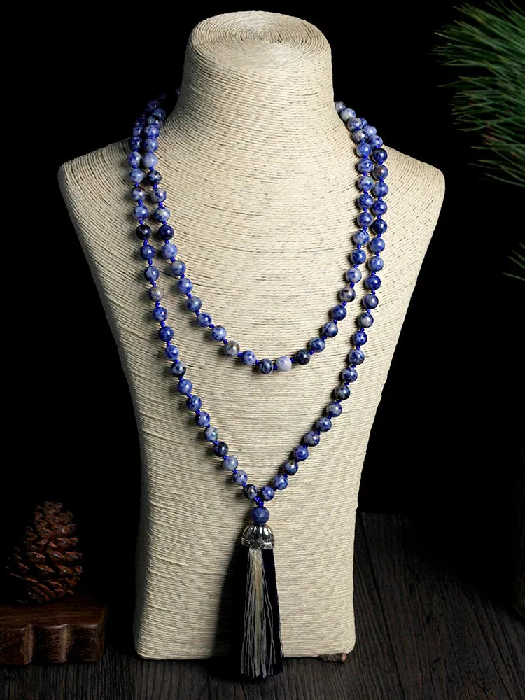 108 Mala Beaded Tassel Necklace,8mm beads White Dot Blue Beads Japamala Meditation