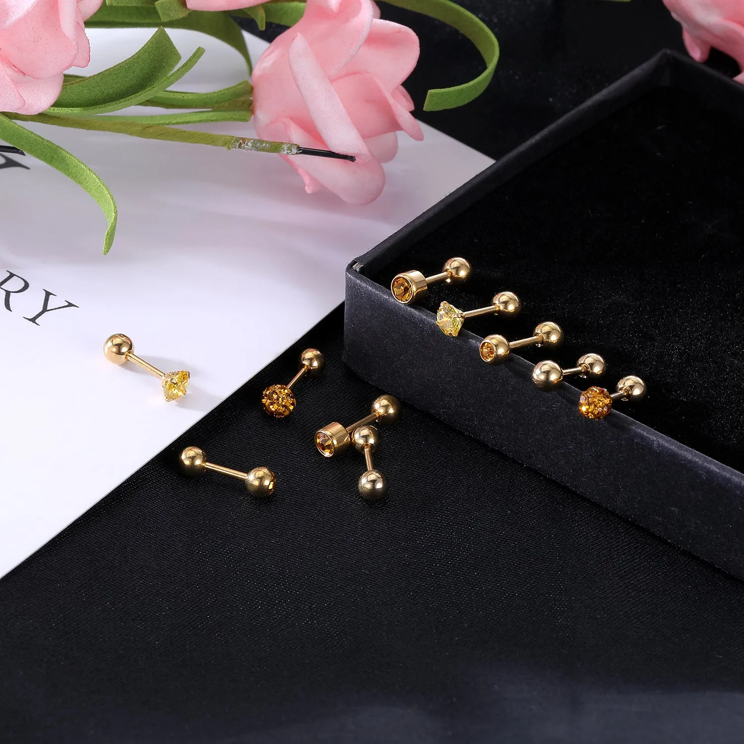 10Pcs/Set 18g Ball Crystal Stud Earring Gold Ear Stud-Economic Set
