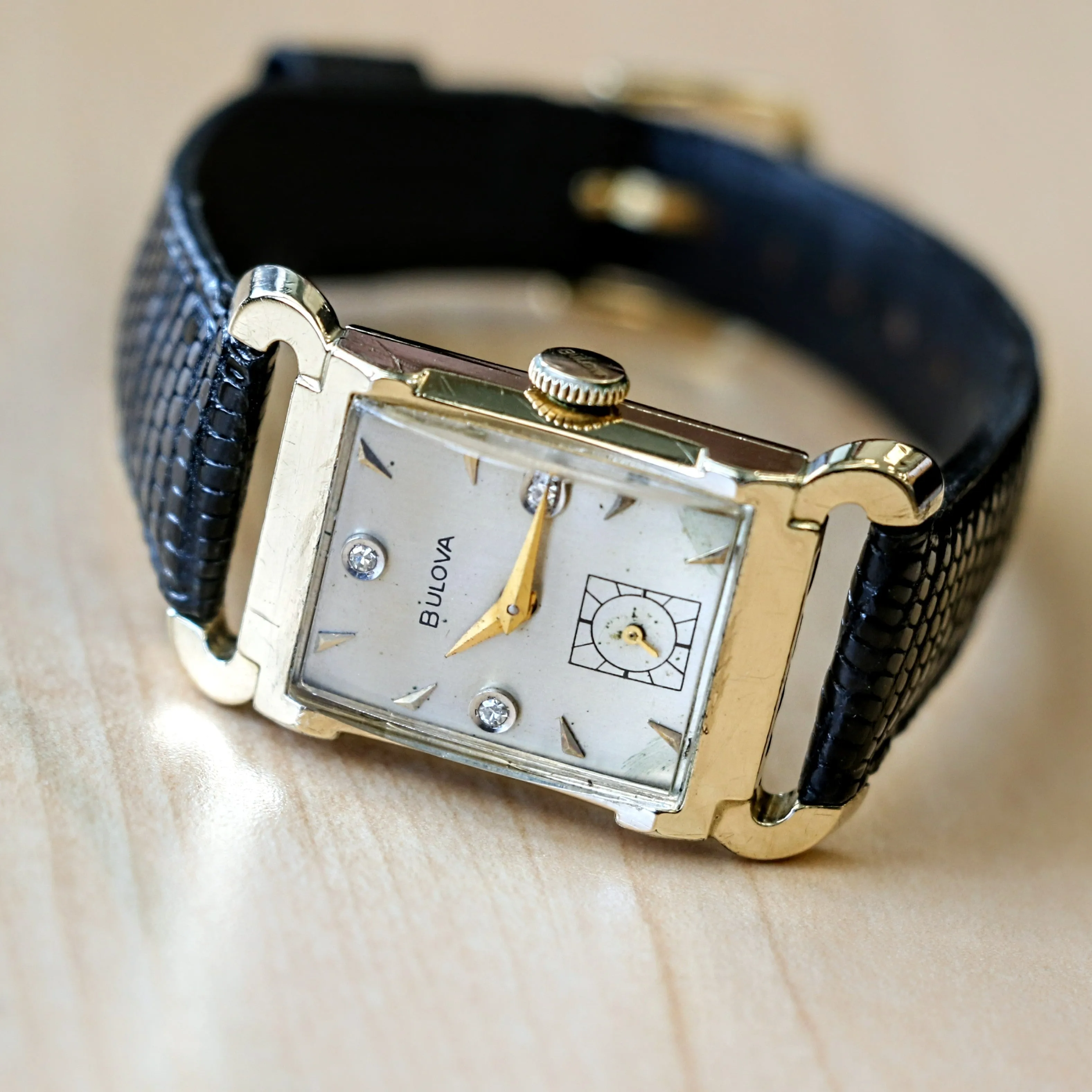 1955 BULOVA Watch Diamond Dial Fancy Tank Case & Lugs Cal. 8AC U.S.A. Wristwatch