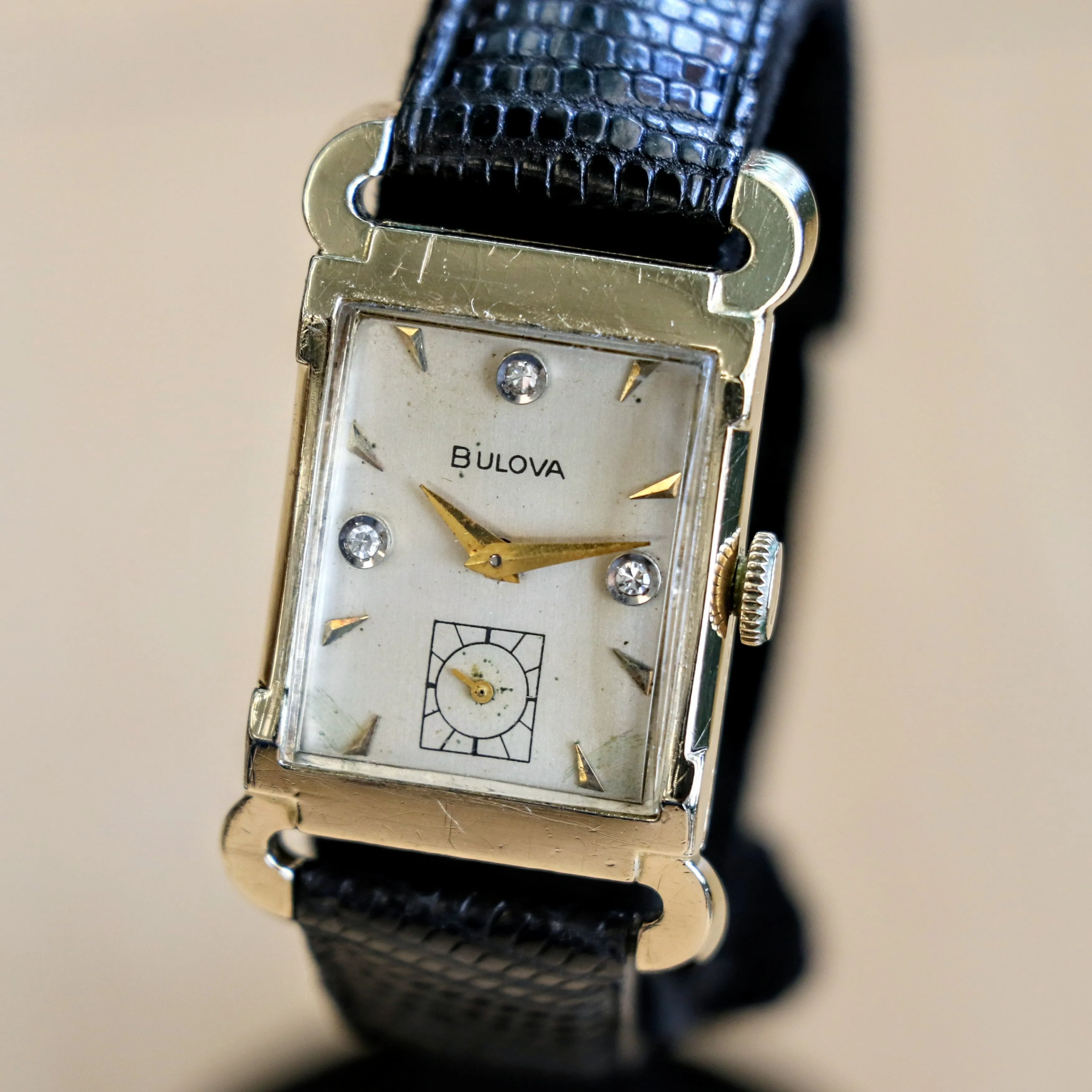 1955 BULOVA Watch Diamond Dial Fancy Tank Case & Lugs Cal. 8AC U.S.A. Wristwatch