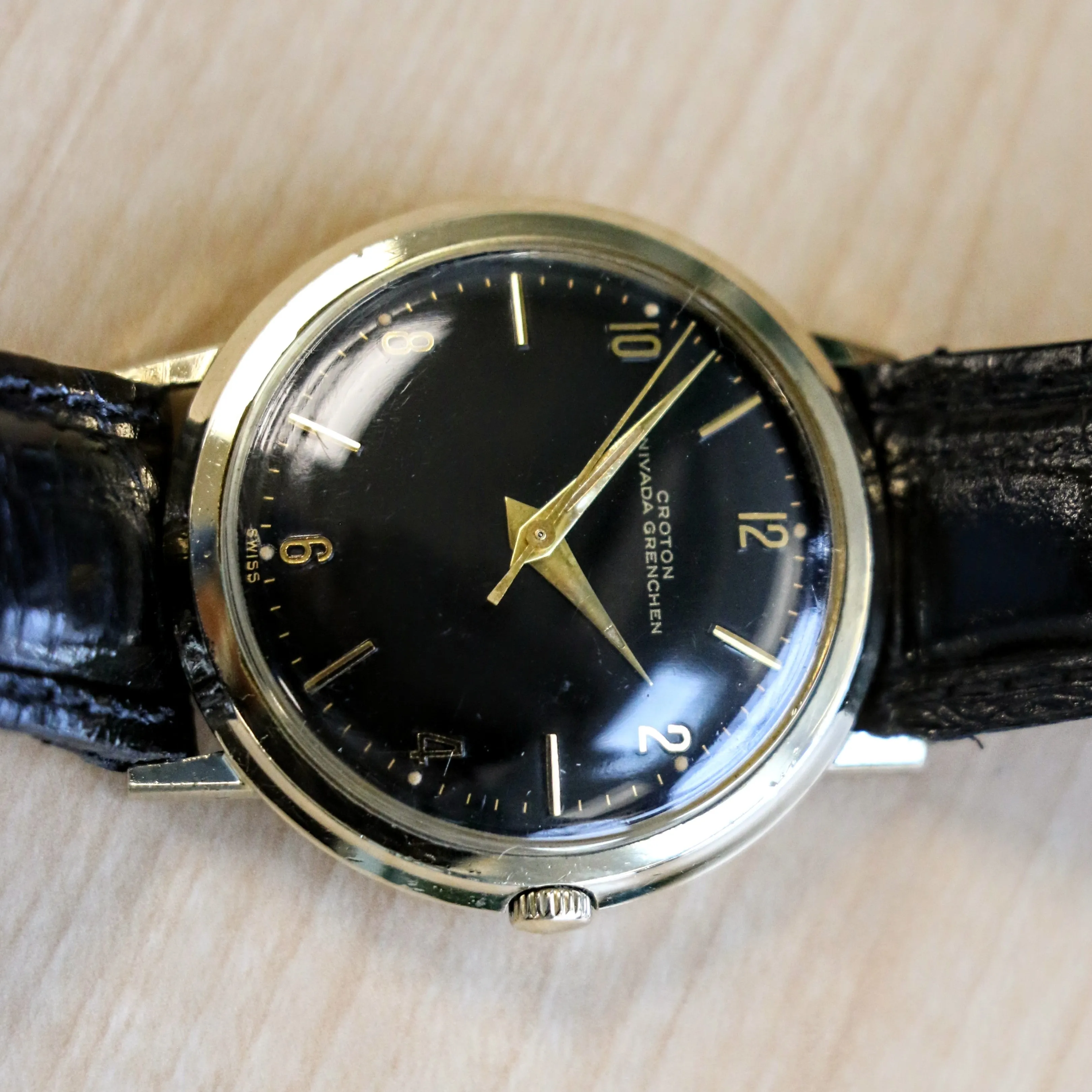 1960s CROTON Nivada Grenchen Aquamatic Watch 17 Jewels Vintage Automatic Wristwatch 10K GF