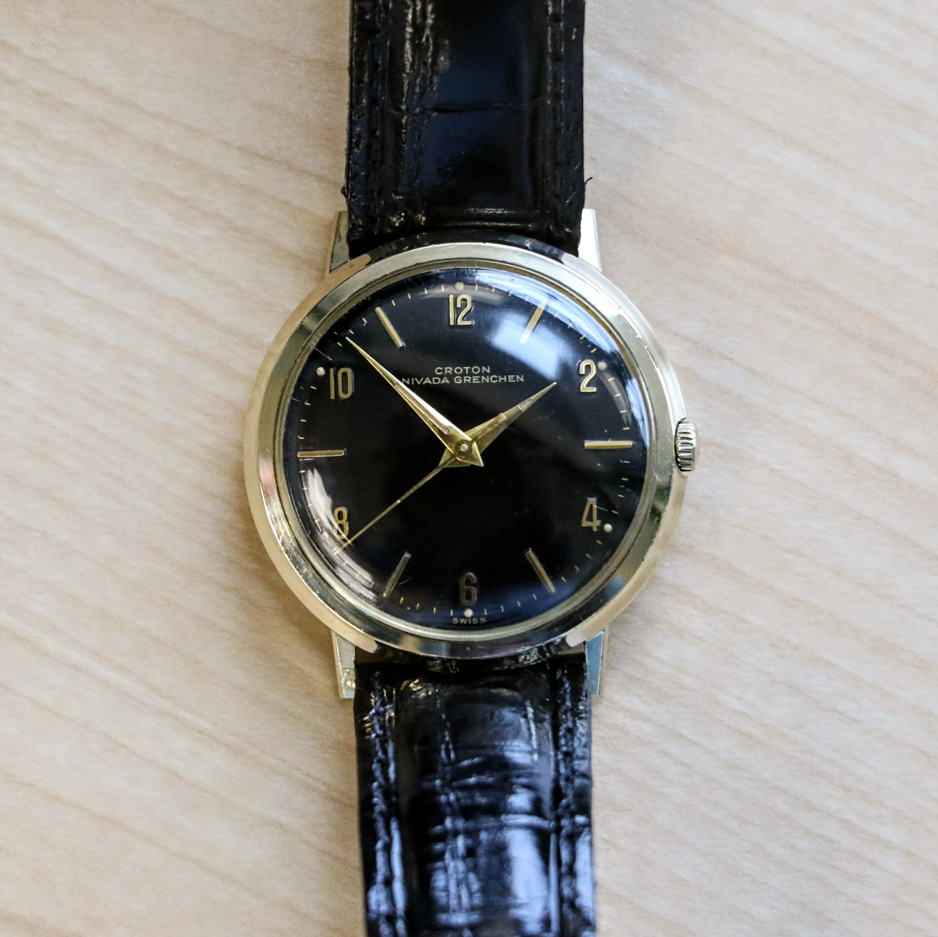 1960s CROTON Nivada Grenchen Aquamatic Watch 17 Jewels Vintage Automatic Wristwatch 10K GF