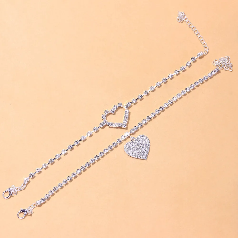 2Pcs/Set Bohemian Women Rhinestone Heart Anklets