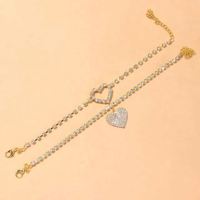 2Pcs/Set Bohemian Women Rhinestone Heart Anklets