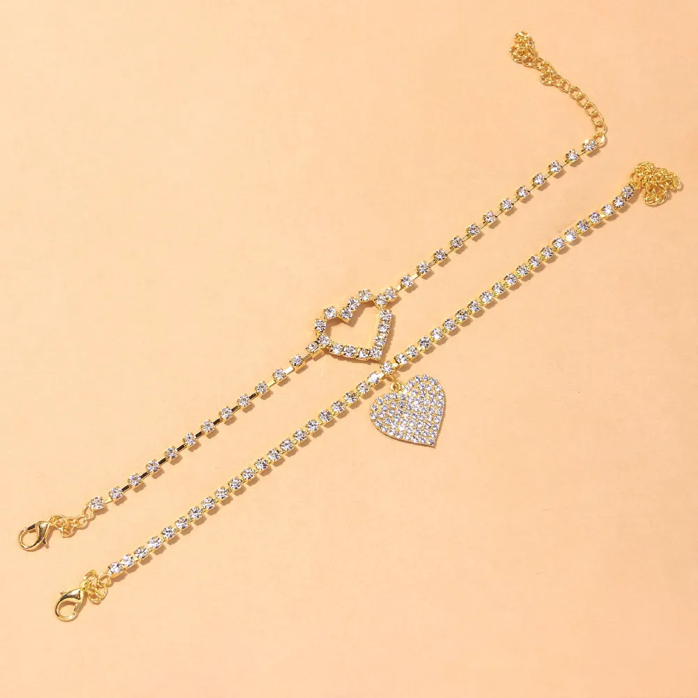 2Pcs/Set Bohemian Women Rhinestone Heart Anklets