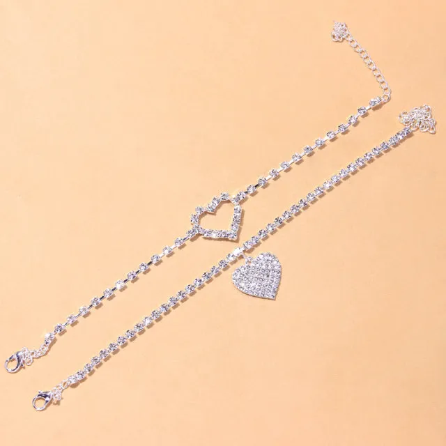 2Pcs/Set Bohemian Women Rhinestone Heart Anklets