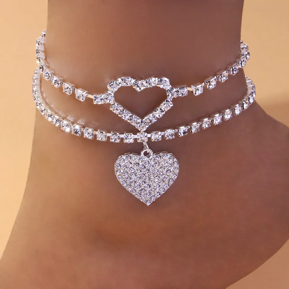 2Pcs/Set Bohemian Women Rhinestone Heart Anklets
