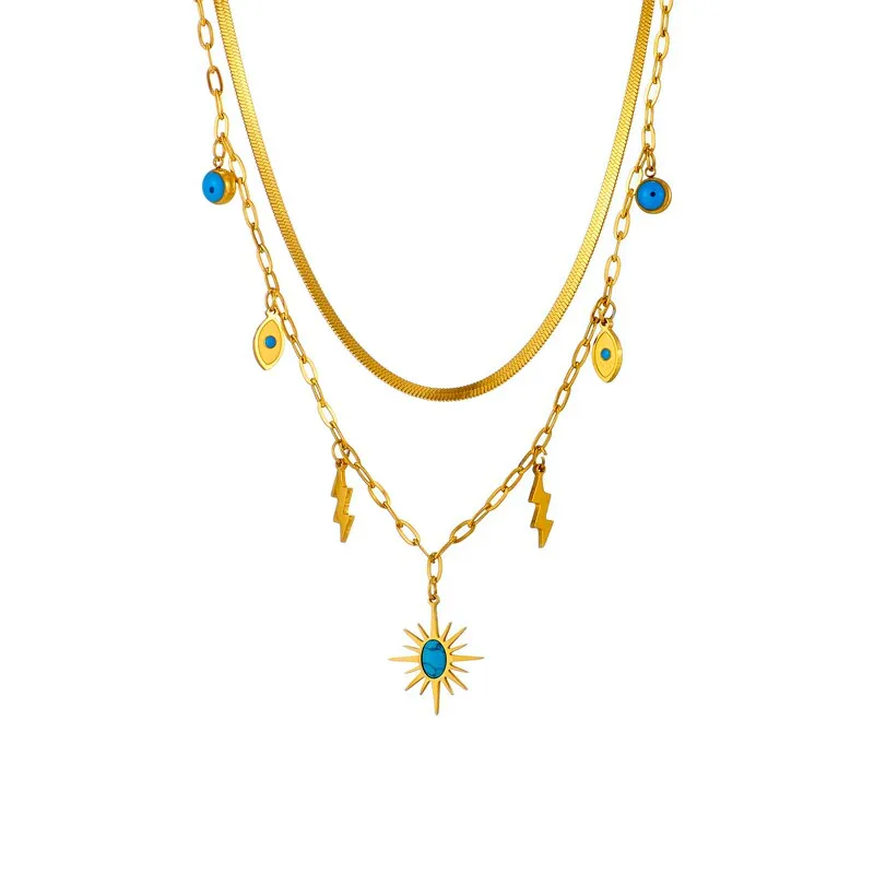 316L Stainless Steel 2-Layer Green Stone Sun Pendant Necklace For Women