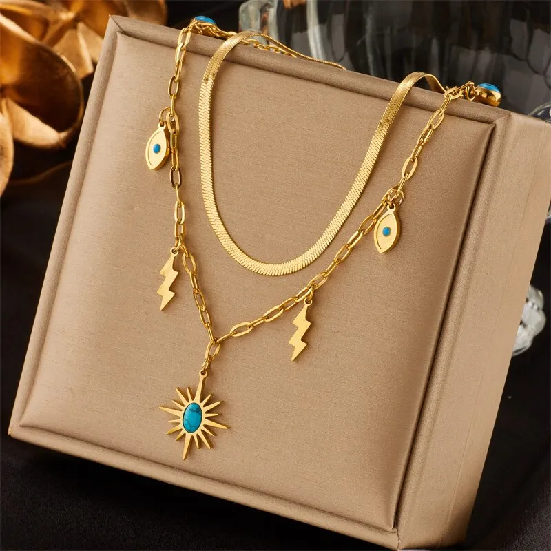 316L Stainless Steel 2-Layer Green Stone Sun Pendant Necklace For Women