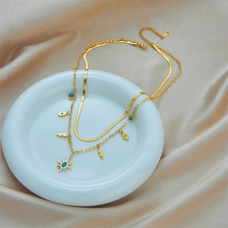 316L Stainless Steel 2-Layer Green Stone Sun Pendant Necklace For Women