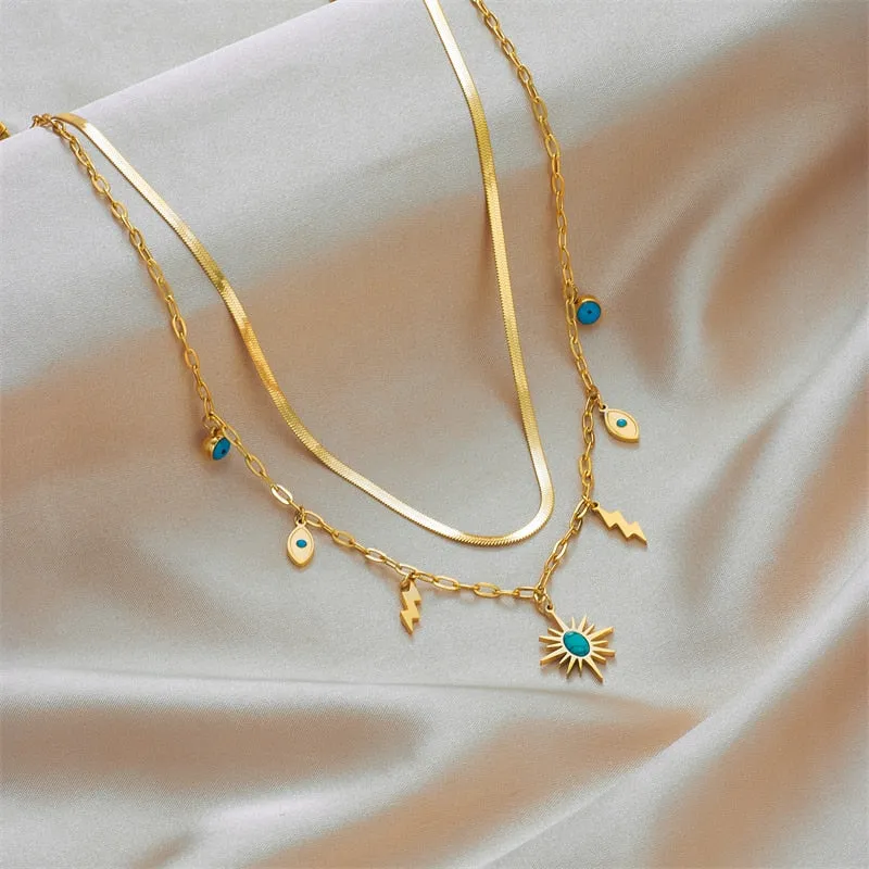 316L Stainless Steel 2-Layer Green Stone Sun Pendant Necklace For Women