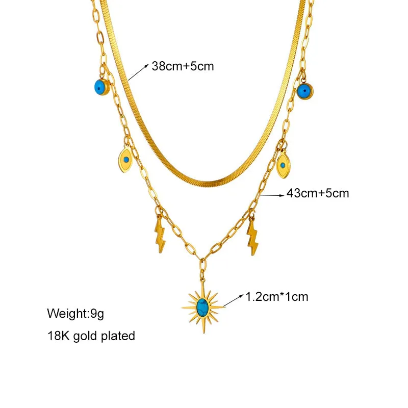 316L Stainless Steel 2-Layer Green Stone Sun Pendant Necklace For Women