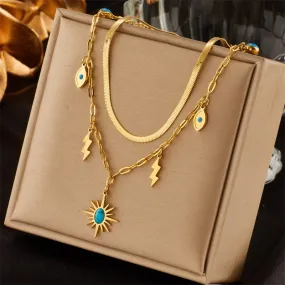 316L Stainless Steel 2-Layer Green Stone Sun Pendant Necklace For Women