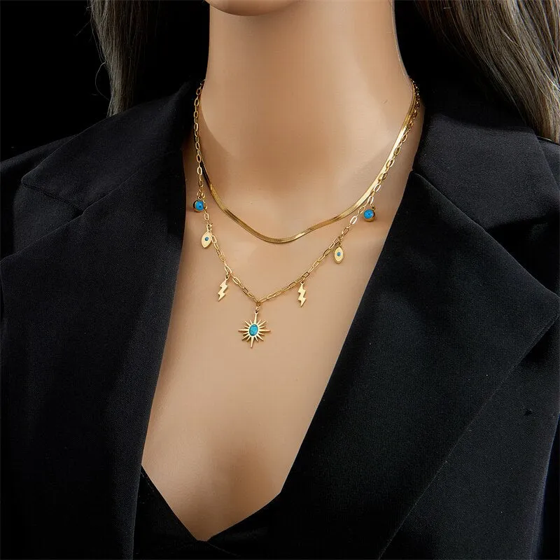 316L Stainless Steel 2-Layer Green Stone Sun Pendant Necklace For Women