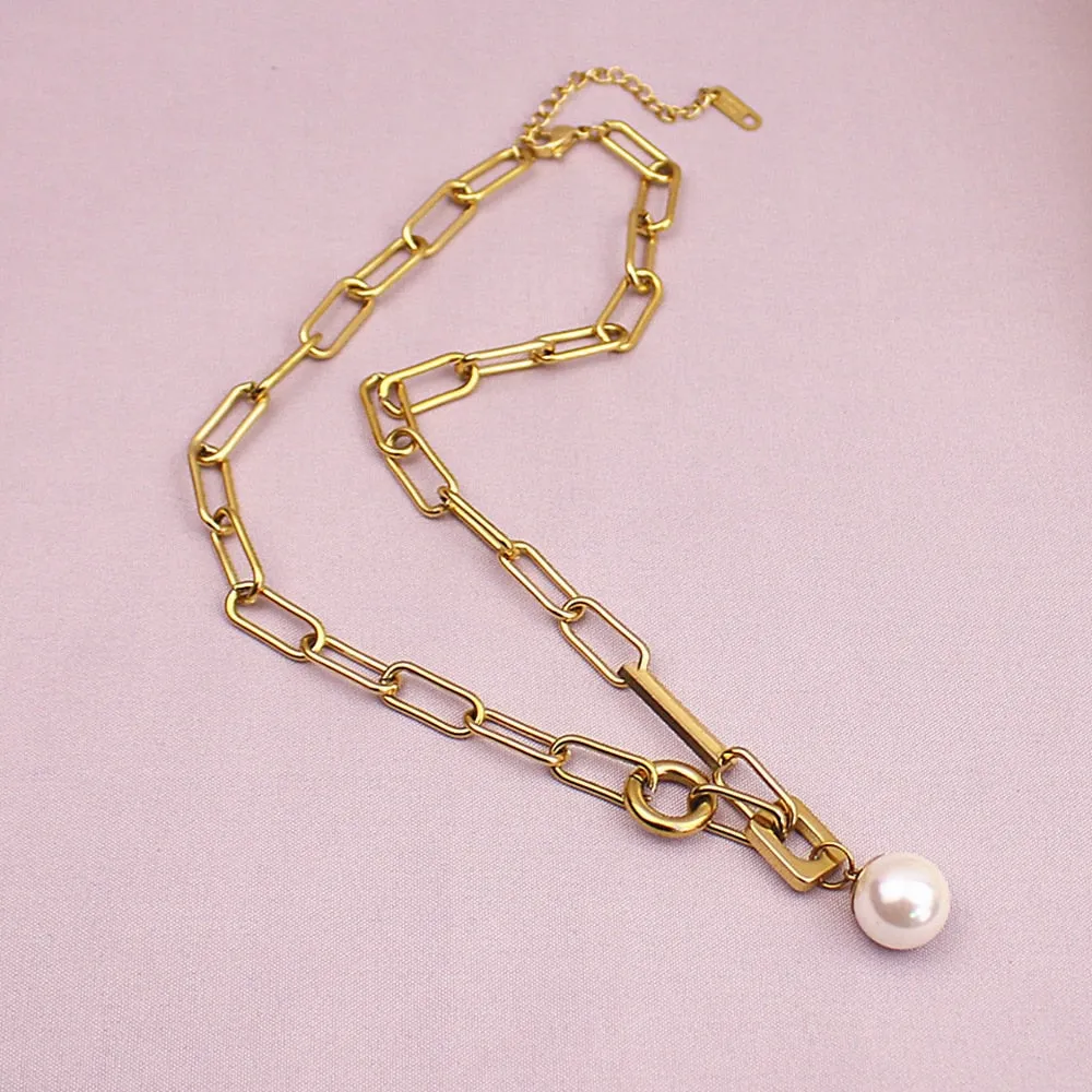 316L Stainless Steel Elegant Round Freshwater Pearl Pendant Chain For Women