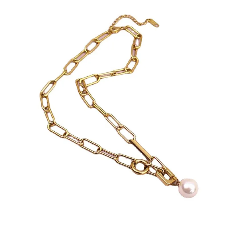 316L Stainless Steel Elegant Round Freshwater Pearl Pendant Chain For Women