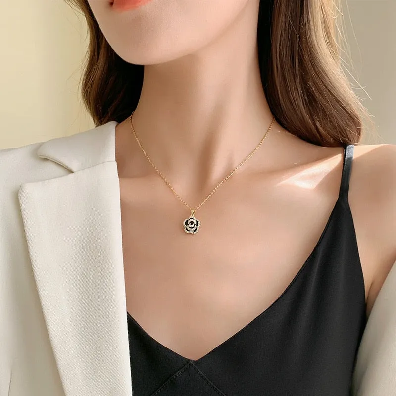 316L Stainless Steel French Elegant Rose Flower Pendant Ladies Necklace