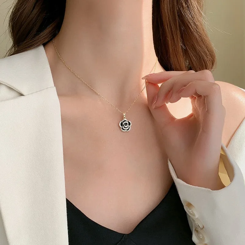 316L Stainless Steel French Elegant Rose Flower Pendant Ladies Necklace
