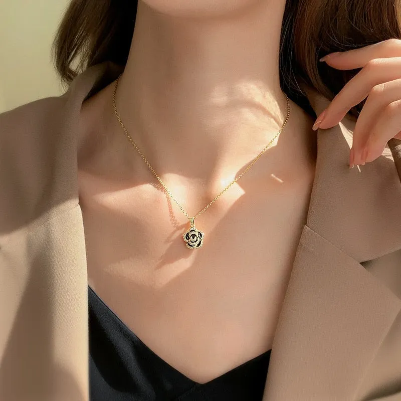 316L Stainless Steel French Elegant Rose Flower Pendant Ladies Necklace