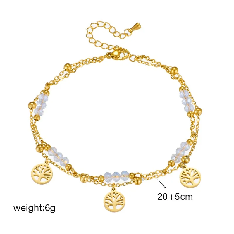 316L Stainless Steel Gold Color Double Layer Tree Charm Anklets For Women