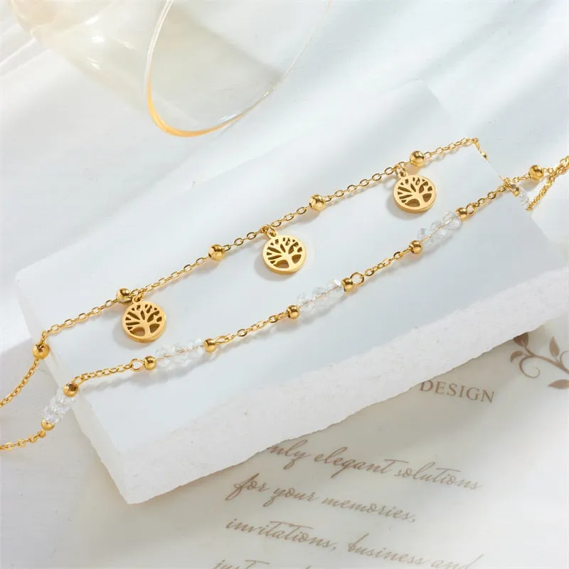 316L Stainless Steel Gold Color Double Layer Tree Charm Anklets For Women