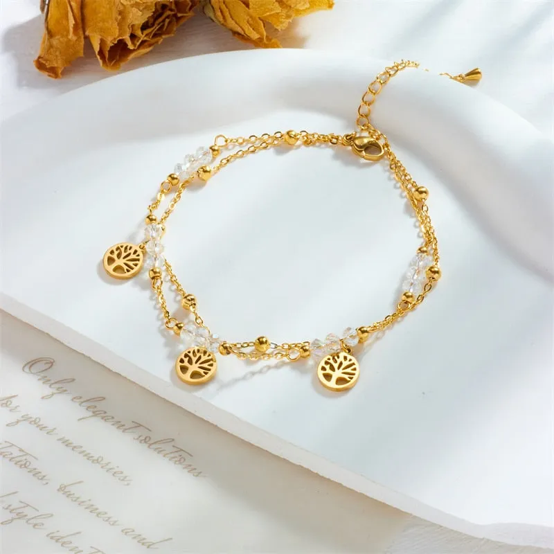 316L Stainless Steel Gold Color Double Layer Tree Charm Anklets For Women