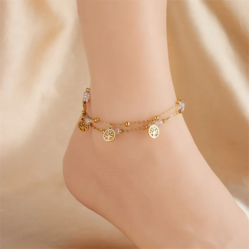 316L Stainless Steel Gold Color Double Layer Tree Charm Anklets For Women