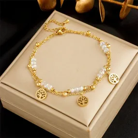 316L Stainless Steel Gold Color Double Layer Tree Charm Anklets For Women