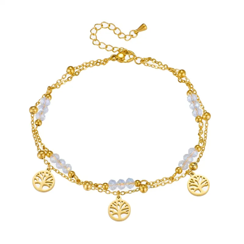 316L Stainless Steel Gold Color Double Layer Tree Charm Anklets For Women