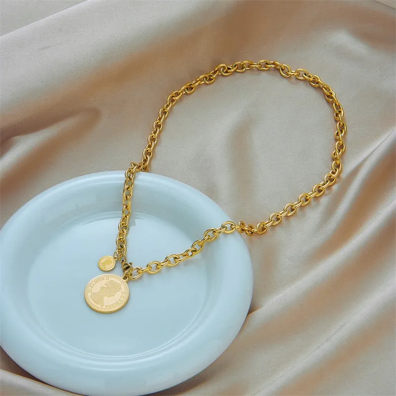 316L Stainless Steel Gold Color Hip Hop Round Portrait Coin Necklace For Women