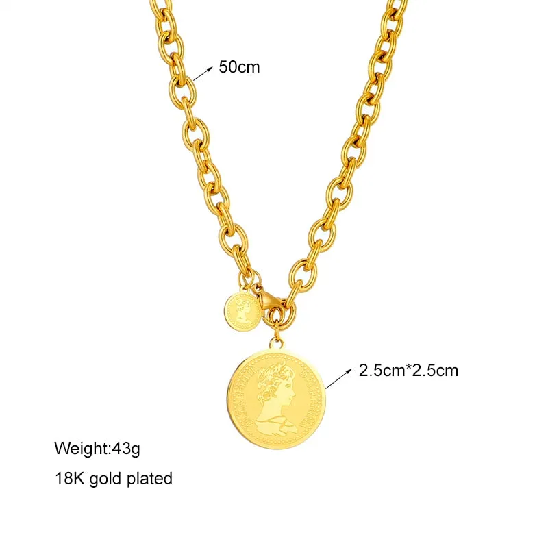 316L Stainless Steel Gold Color Hip Hop Round Portrait Coin Necklace For Women