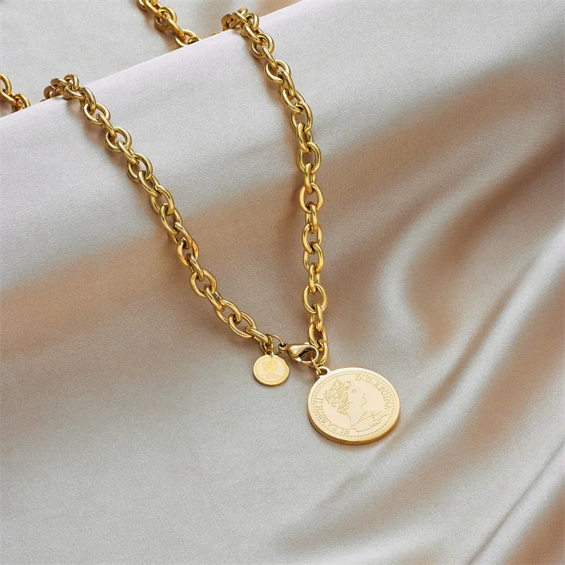 316L Stainless Steel Gold Color Hip Hop Round Portrait Coin Necklace For Women