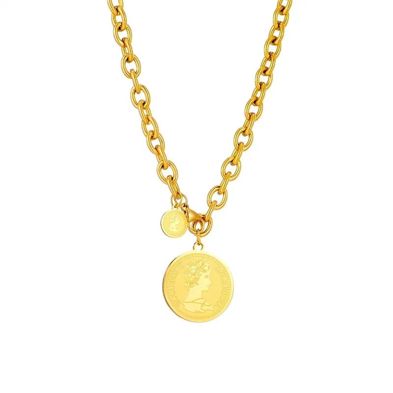 316L Stainless Steel Gold Color Hip Hop Round Portrait Coin Necklace For Women