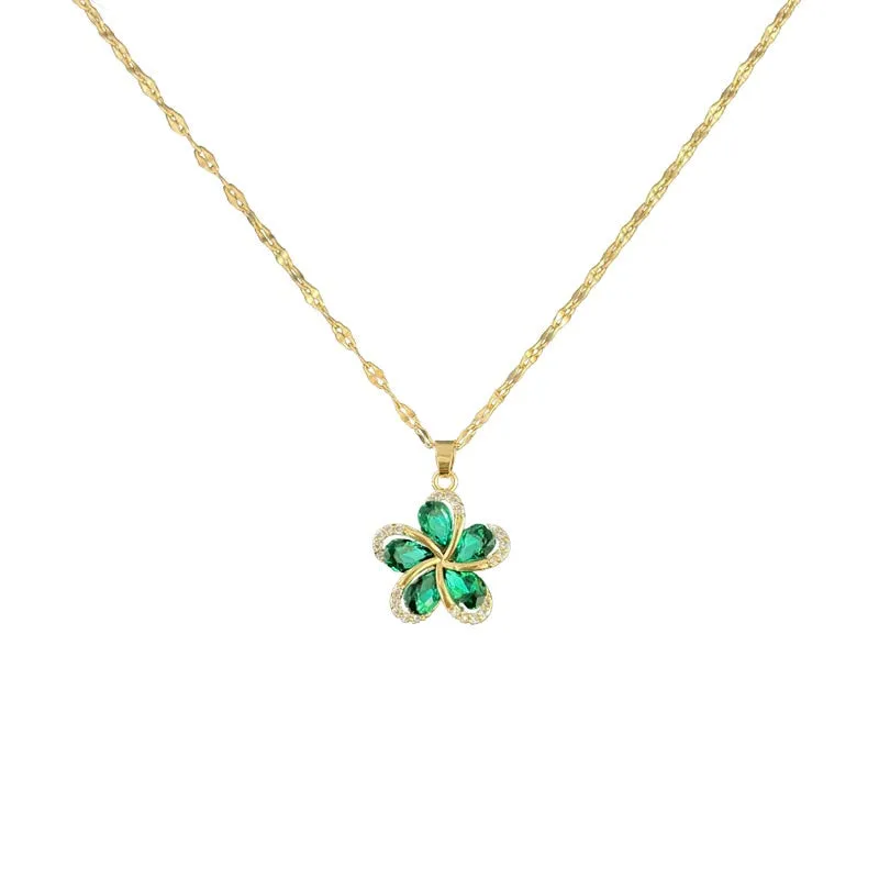 316L Stainless Steel Green Zircon Flowers Pendant Necklace For Women