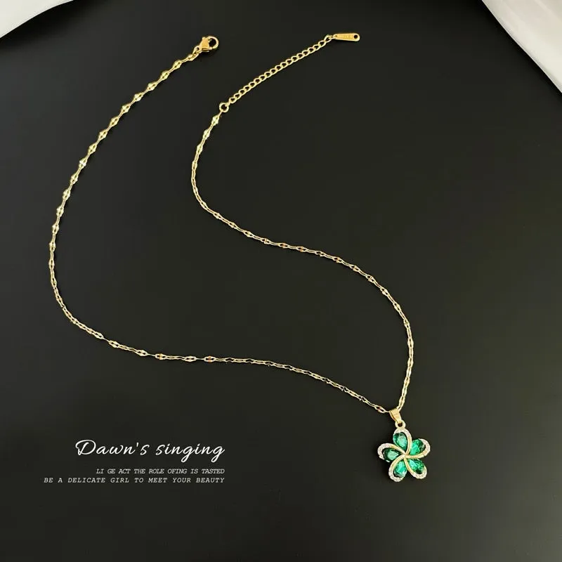 316L Stainless Steel Green Zircon Flowers Pendant Necklace For Women
