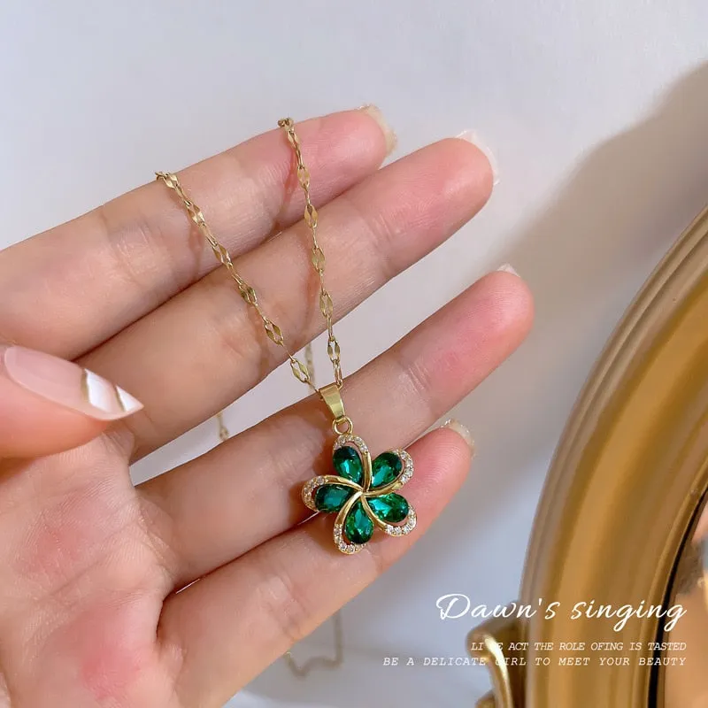 316L Stainless Steel Green Zircon Flowers Pendant Necklace For Women