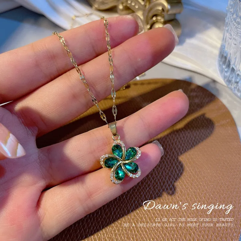 316L Stainless Steel Green Zircon Flowers Pendant Necklace For Women