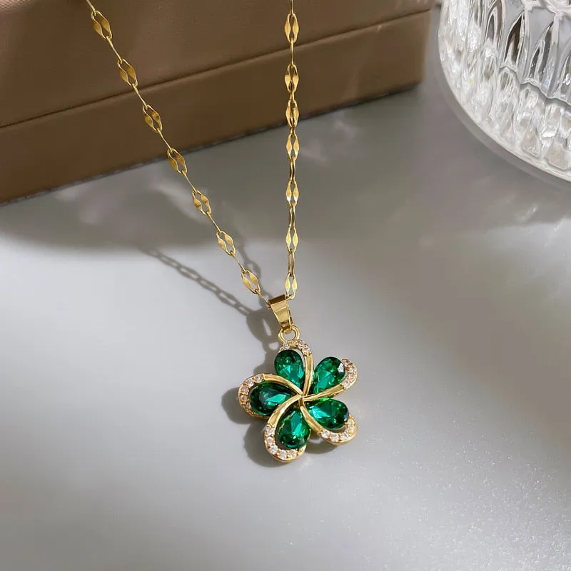316L Stainless Steel Green Zircon Flowers Pendant Necklace For Women