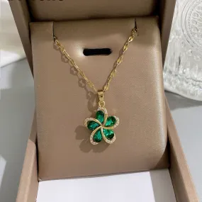 316L Stainless Steel Green Zircon Flowers Pendant Necklace For Women