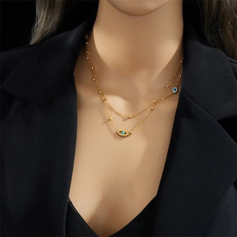 316L Stainless Steel Multilayer 2in1 Eye Pendant Necklace For Women