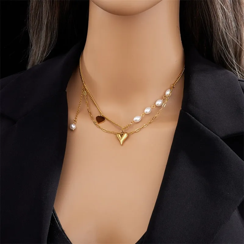 316L Stainless Steel Pearl Heart Pendant Necklace For Women