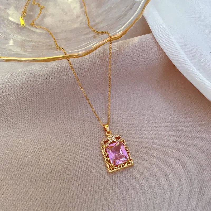 316L Stainless Steel Square Pink Large Zircon Pendant Necklace For Women