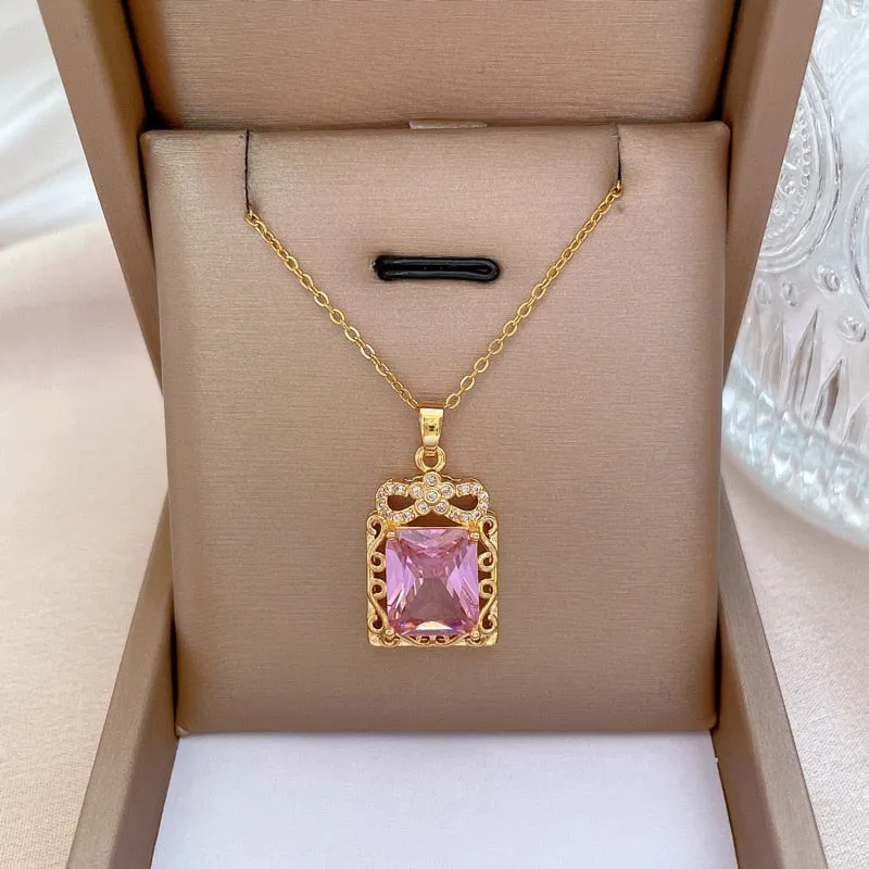 316L Stainless Steel Square Pink Large Zircon Pendant Necklace For Women