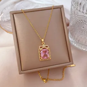 316L Stainless Steel Square Pink Large Zircon Pendant Necklace For Women