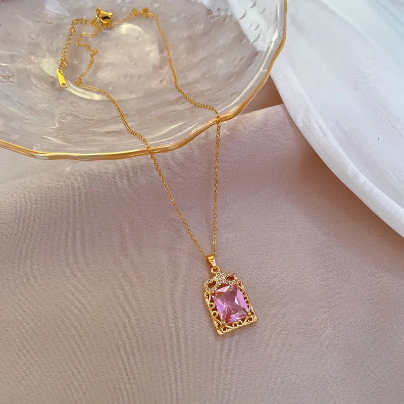 316L Stainless Steel Square Pink Large Zircon Pendant Necklace For Women